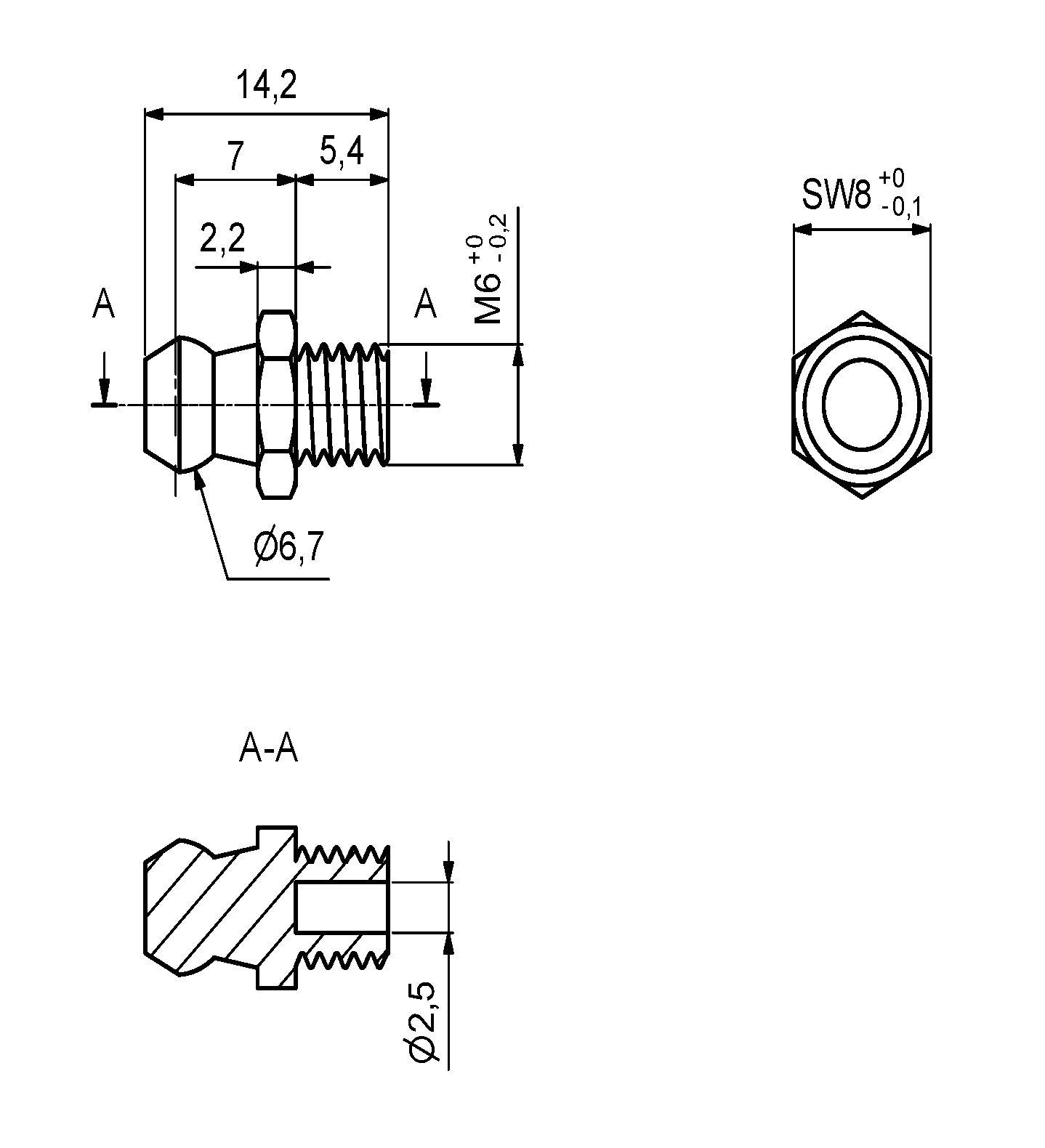 343738, Bøsning M6x5,4xØ6,7x14,2 Ø2,2SW8 messing Forniklet | HT Bendix