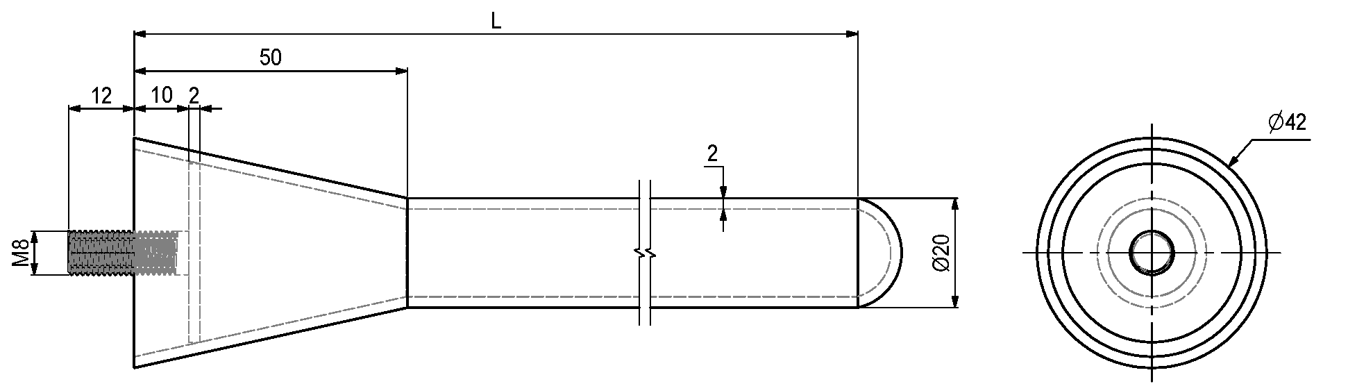 335060, Sofabordsben konisk 30xØ40/Ø20x480 M8 hærdet stål Pulverlakeret ...