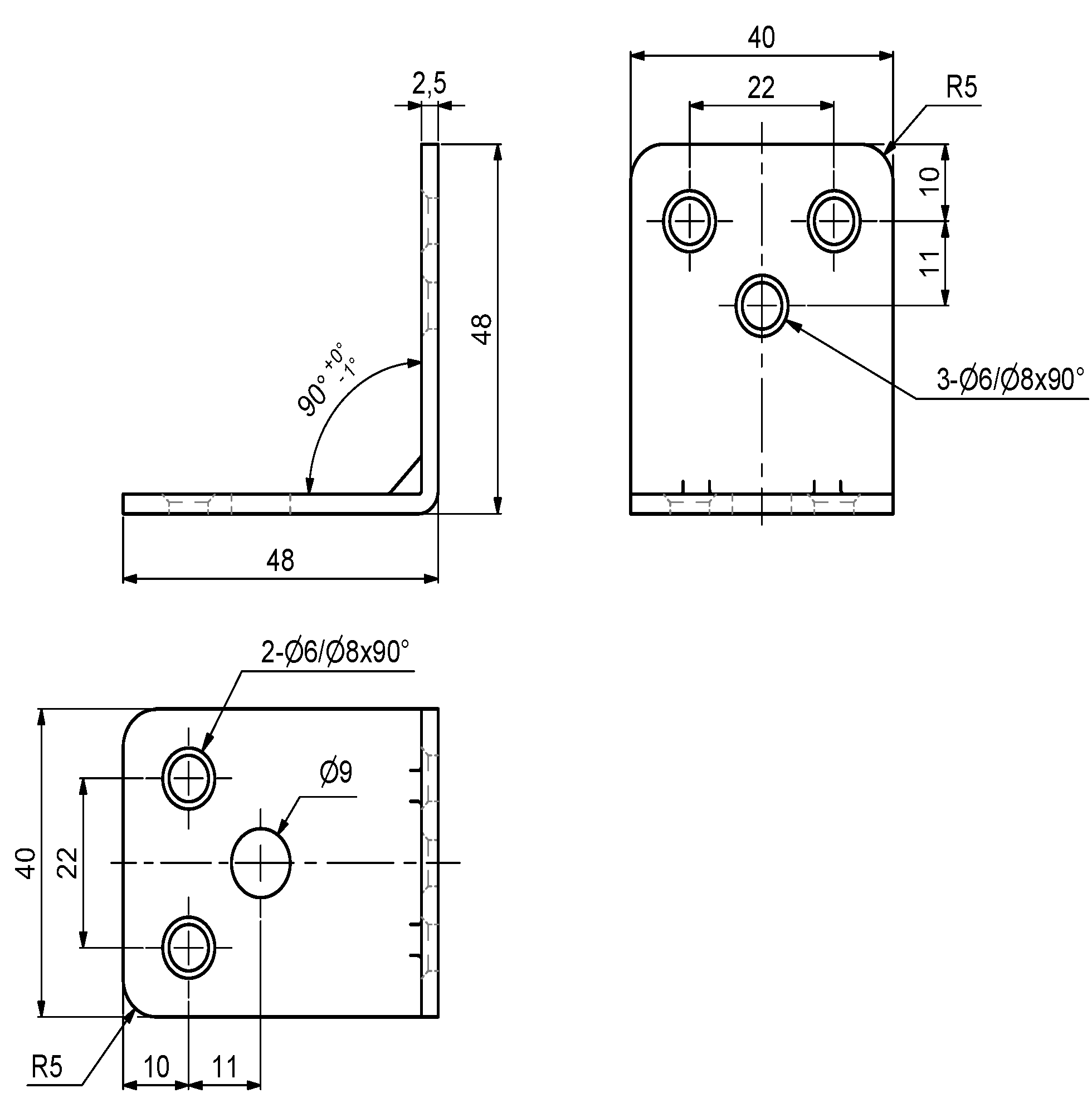 350980, Vinkel 48x40x48 2,5 hærdet stål Elg. Cr3 w/1xØ9+5xØ6 holes ...